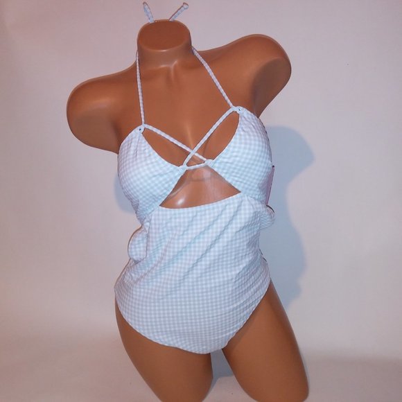 Victoria Secret‎ One Piece Swim Light Blue White Checkered Gingham Strappy New - Picture 2 of 11